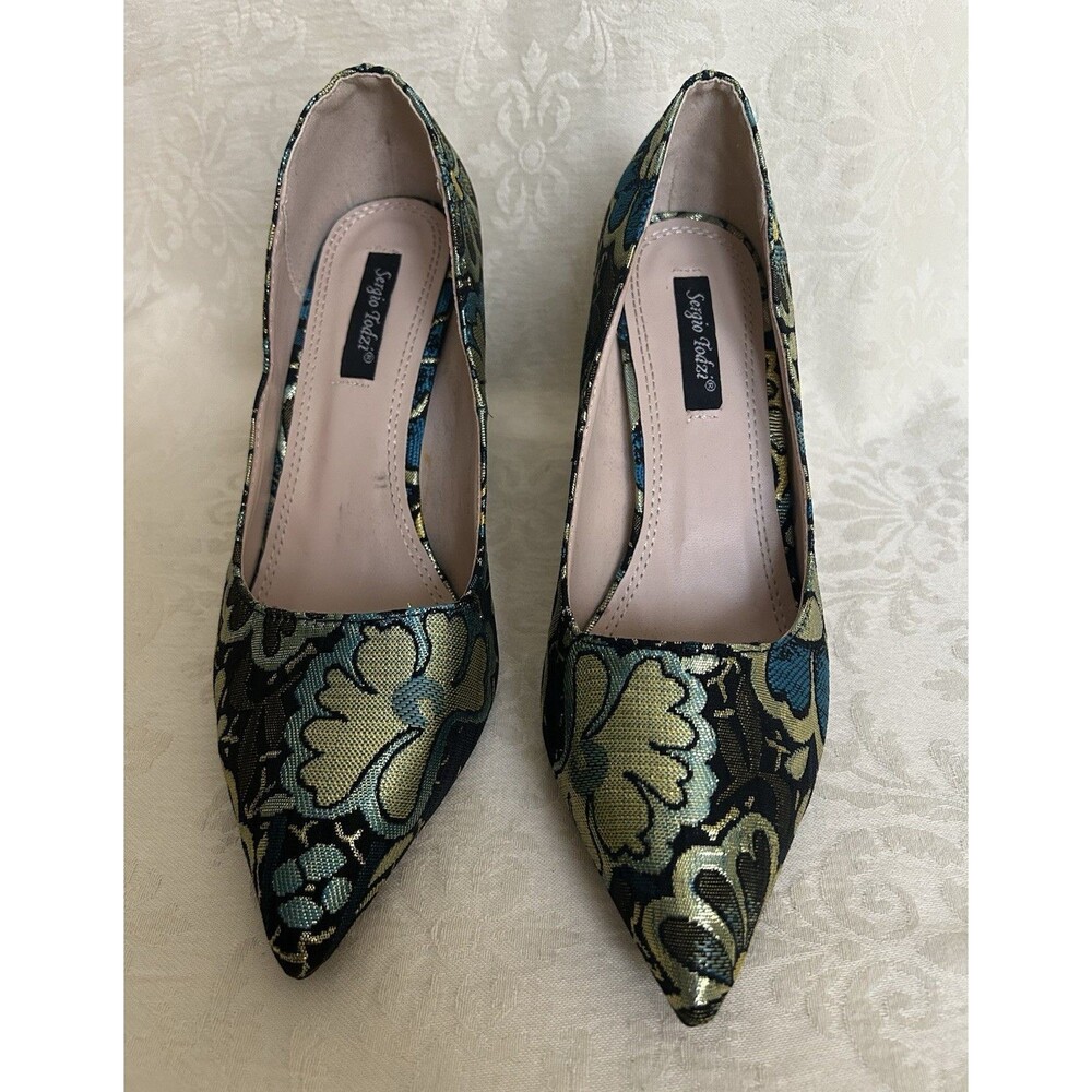 Sergio Todzi Floral Brocade Block Heel Pumps Pointed Toe Teal Gold Sz 7.5 Worn 1